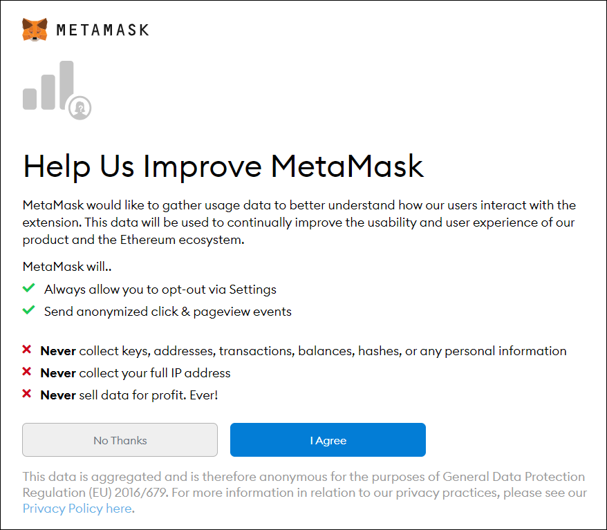 Términos del acuerdo de MetaMask con los botones "Acepto" y "No, gracias"