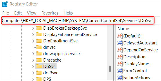 La ruta del archivo en el registro para editar la optimización de entrega.