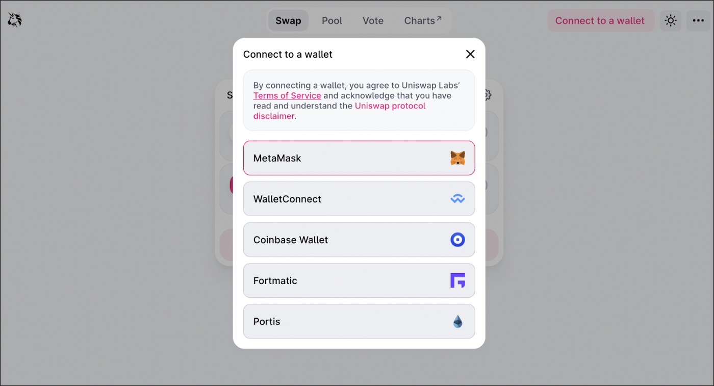 Opción MetaMask en Uniswap.