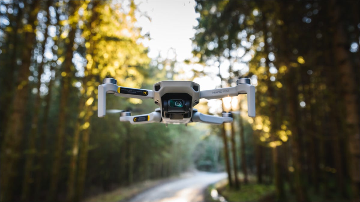 Un dron sobrevolando una carretera a través de una zona boscosa.