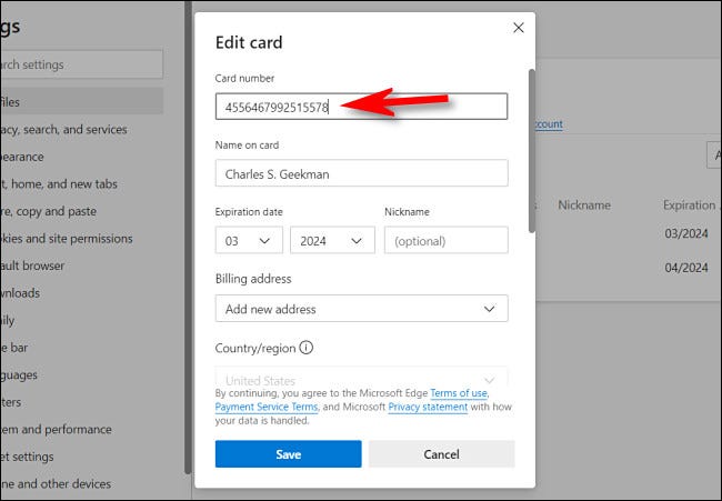 En Edge, en la pantalla "Editar tarjeta" puede ver el número completo de la tarjeta de crédito.