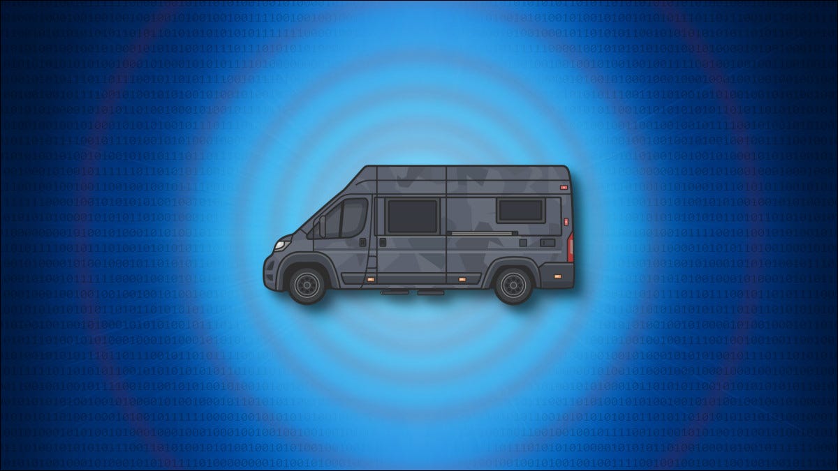 Una ilustración de una furgoneta de vigilancia negra sobre un fondo azul.