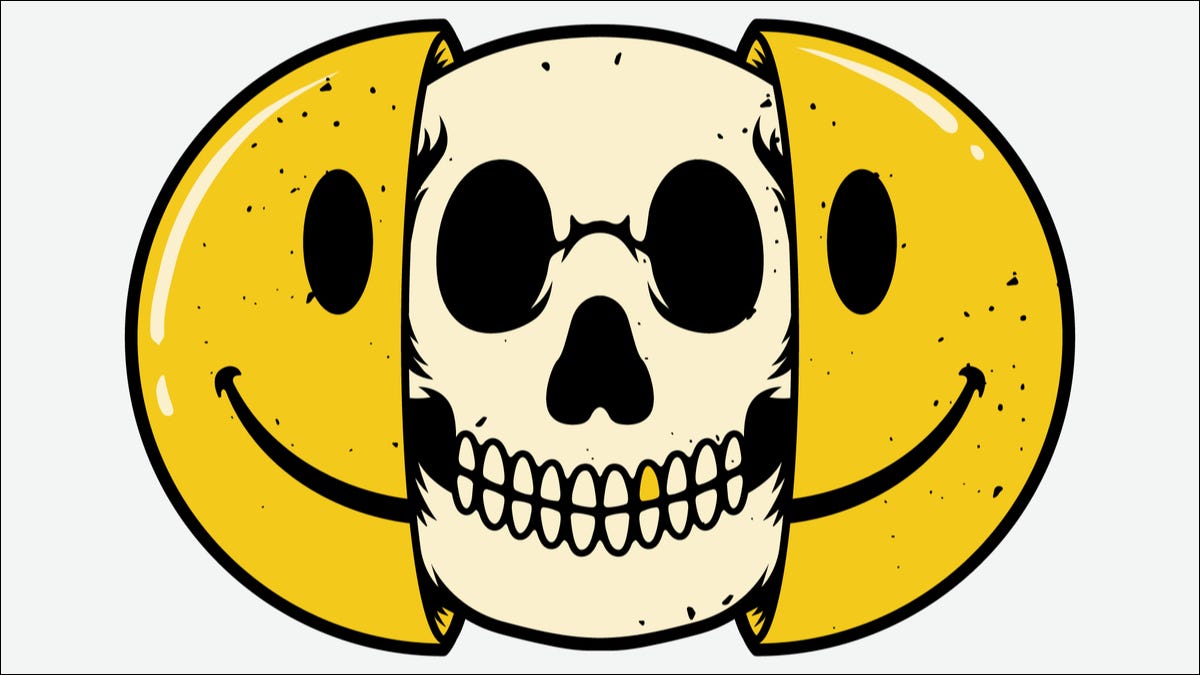 Un emoji de sonrisa se abre para revelar un emoji de calavera en el interior.