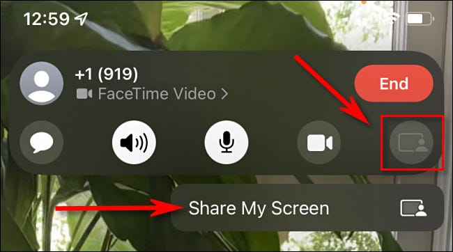 Toque el botón Compartir mi pantalla y luego seleccione "Compartir mi pantalla" en FaceTime en el iPhone.