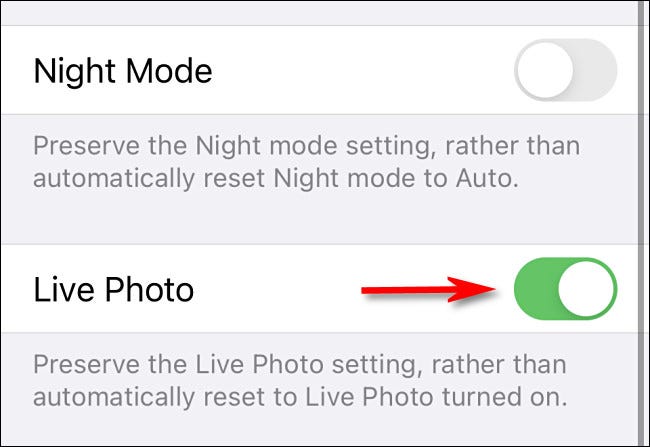 Cambie "Foto en vivo" a "Activado", lo que conservará la configuración de Fotos en vivo en la aplicación Cámara.