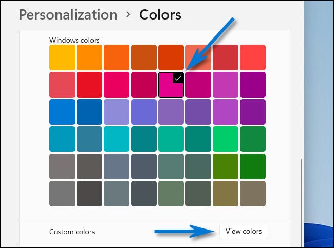 Elija un color de acento o elija uno personalizado haciendo clic en "Ver colores".