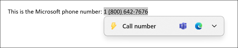 Ventana emergente para 'Número de llamada' al seleccionar texto