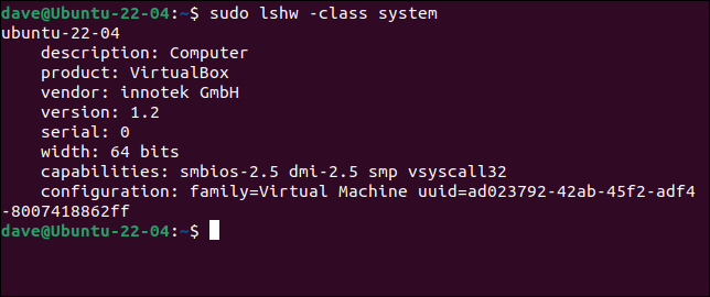 El comando lshw que informa sobre una máquina virtual VirtualBox