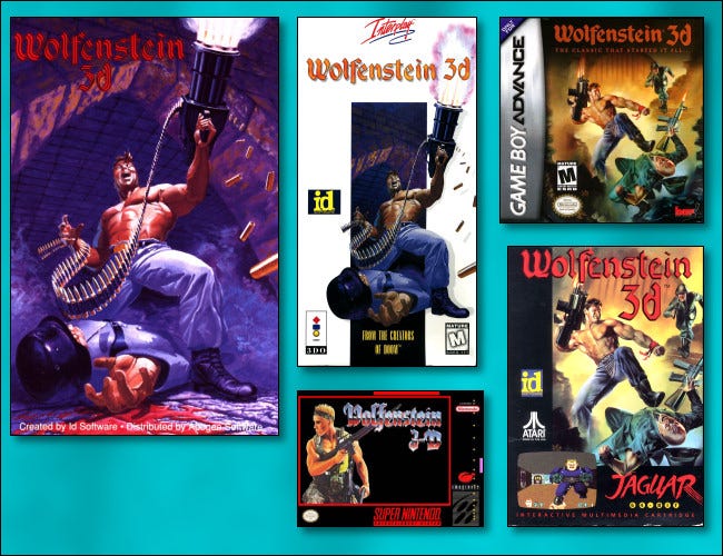 Arte de caja para una selección de lanzamientos de Wolfenstein 3D a lo largo de los años.